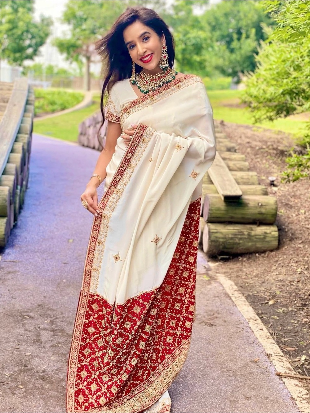 Traditional White Saree with Red & Gold Embroidery